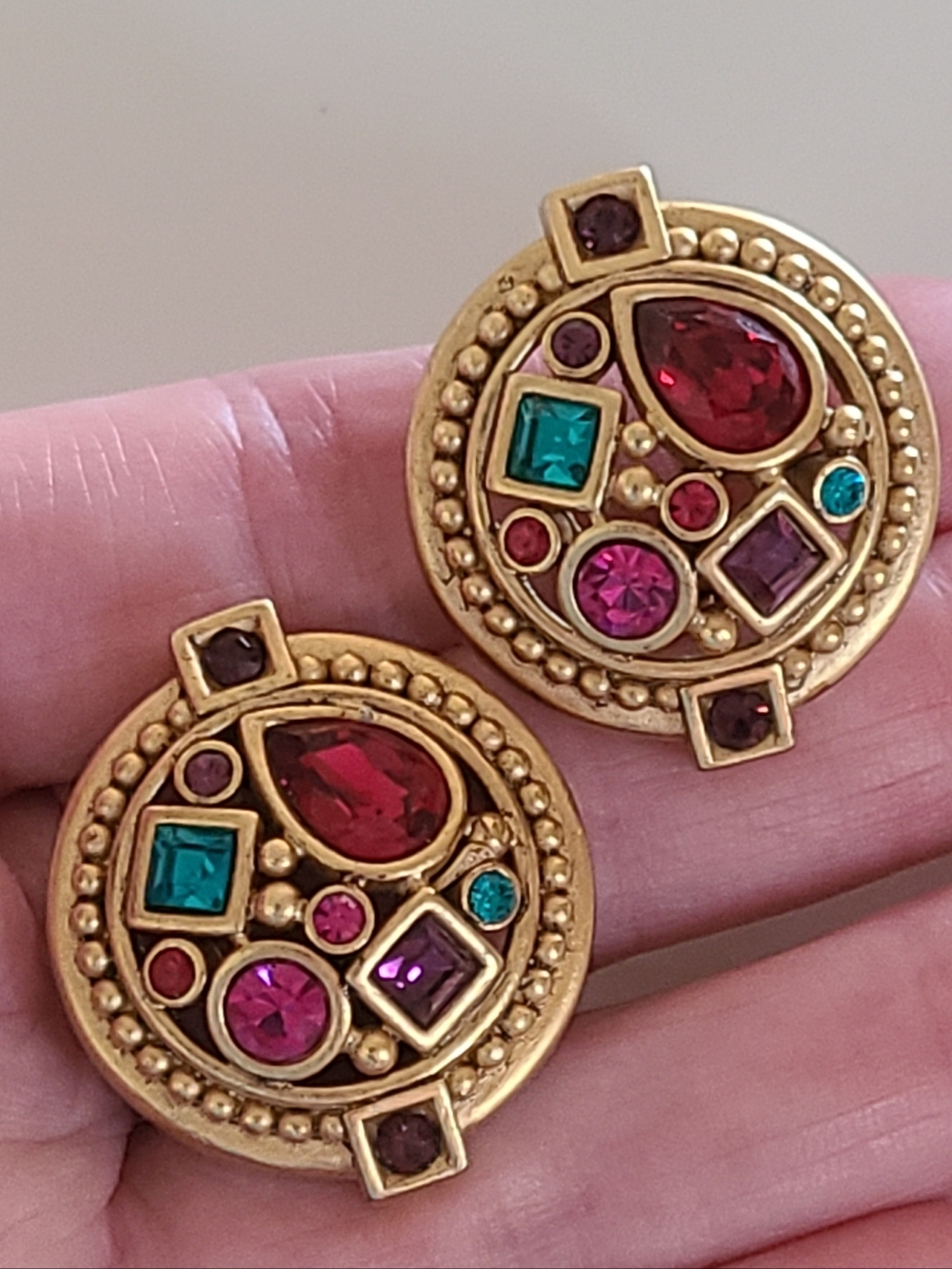 Vintage Oscar De La Renta Couture Designer Swarovski Clip On Earrings Rare Gold